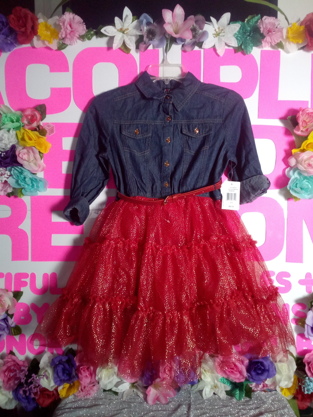 Denim Button-Up with Red Glitter Tulle Skirt ("It's A Dress")